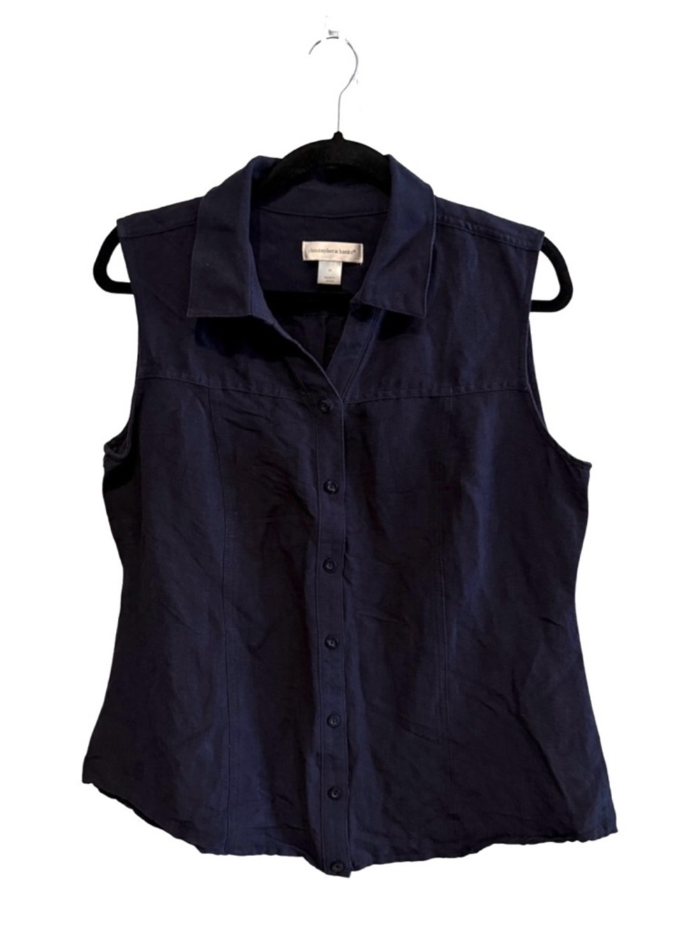 Sleeveless Button-Front Linen Blend Navy Top by Christopher & Banks